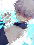  1boy blue_eyes hand_up highres hunter_x_hunter killua_zoldyck layered_sleeves lightning long_sleeves looking_at_viewer male_focus parted_lips short_over_long_sleeves short_sleeves solo wahoxz white_hair 