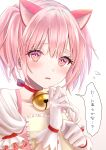  1girl absurdres animal_ears bell blush cat_ears gloves highres kaname_madoka magical_girl mahou_shoujo_madoka_magica mimiko_(artist) neck_bell open_mouth pink_eyes pink_hair short_hair short_twintails solo translation_request twintails white_gloves 