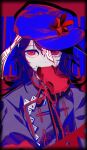  1girl alternate_color arms_at_sides biting blood blood_on_face blue_headwear cabbie_hat chinese_clothes chromatic_aberration dot_nose eyebrows_behind_hair fang hat heart highres looking_at_viewer maimuro medium_hair miyako_yoshika neck_ribbon ofuda purple_hair red_eyes red_ribbon ribbon skin_fang solo star_(symbol) tangzhuang touhou upper_body 