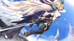  1girl beatrice_(tenmei_no_conquista) black_legwear black_wings blonde_hair blue_sky breasts day feathered_wings floating_hair from_below from_side full_body game_cg hand_in_hair highres holding holding_sword holding_weapon large_breasts lens_flare long_hair outdoors pointy_ears side_ponytail sideboob sky solo sword tenmei_no_conquista thigh-highs very_long_hair violet_eyes weapon white_wings wings 