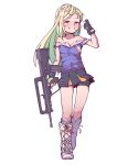  1girl assault_rifle bare_shoulders bike_shorts_under_skirt blonde_hair blush boots bullpup contrapposto cross-laced_footwear famas famas_(girls&#039;_frontline) fingerless_gloves girls_frontline gloves green_eyes grey_legwear gun highres jarv knee_boots lace-up_boots long_hair looking_at_viewer loose_socks pointing pointing_at_self rifle smile solo weapon white_background 