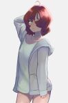  1girl ami_enan arm_behind_head arm_up blue_eyes blush bottomless casual closed_mouth gomashiwo_o hair_over_one_eye hood hoodie looking_at_viewer lupin_iii lupin_iii_part_5 redhead shirt short_hair solo thighs white_hoodie white_shirt 