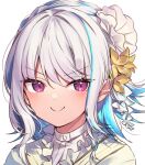  1girl bangs blue_hair blush closed_mouth eyebrows_visible_through_hair flower hair_flower hair_ornament lize_helesta looking_at_viewer lowres medium_hair multicolored_hair nijisanji portrait silver_hair simple_background smile solo sukuna136 two-tone_hair v-shaped_eyebrows violet_eyes white_background 