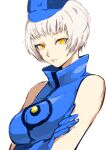  1girl absurdres blue_dress blue_gloves blue_headwear closed_mouth crossed_arms dress elizabeth_(persona) gloves highres igusaharu looking_at_viewer persona persona_3 short_hair silver_hair simple_background sketch sleeveless sleeveless_dress solo upper_body white_background yellow_eyes 
