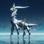  3d arceus blender_(medium) from_side glowing glowing_eye highres night night_sky no_humans pokemon pokemon_(creature) shadow sky solo standing wanoco4d water white_eyes 