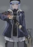  1girl blue_jacket brown_gloves chcn expressionless girls_frontline gloves green_eyes grey_hair grey_skirt highres hk416_(girls&#039;_frontline) jacket long_hair looking_at_viewer pantyhose pointing_to_the_side respirator skirt solo 