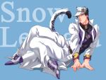  1boy animal_ears black_hair coat diamond_wa_kudakenai hat highres jojo_no_kimyou_na_bouken kemonomimi_mode kujo_jotaro leopard_ears leopard_tail less_end long_coat male_focus shirt shoulder_belt solo tail tight tight_shirt turtleneck vest white_coat 