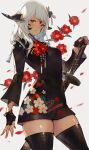  1girl au_ra avatar_(ff14) black_legwear chinese_clothes commission dragon_horns dragon_tail final_fantasy final_fantasy_xiv fingerless_gloves flower gloves highres horns katana kemomin_nosuke long_hair looking_at_viewer red_eyes scales skeb_commission solo sword tail thigh-highs weapon white_hair 