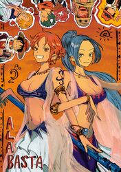  2girls 6+boys black_eyes black_hair blonde_hair blue_hair blue_pants bracelet breasts clima-tact crop_top earrings egyptian_clothes forehead green_hair hat highres jewelry log_pose makenevemoiine medium_breasts midriff monkey_d._luffy multiple_boys multiple_girls nami_(one_piece) navel necklace nefertari_vivi one_piece orange_hair pants ponytail portgas_d._ace roronoa_zoro sanji scarf short_hair shoulder_tattoo sleeveless straw_hat tattoo usopp v 