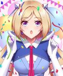  1girl absurdres aki_rosenthal balloon bangs birthday blonde_hair blue_dress blue_eyes blue_jacket confetti detached_hair dress elbow_gloves eyebrows_visible_through_hair gloves headgear highres hololive jacket long_hair looking_at_viewer low_twintails open_mouth overskirt parted_bangs sei_joshikou short_hair short_sleeves shrug_(clothing) solo twintails upper_body violet_eyes virtual_youtuber white_dress white_gloves 