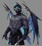  1boy abs black_hair black_mask blue_eyes chinese_commentary collarbone colored_skin commentary_request cowboy_shot cropped_legs grey_background grey_skin holding light_blue_hair male_focus muscular muscular_male pectorals signature simple_background solo standing wings 