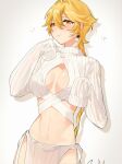  1girl aether_(genshin_impact) blonde_hair blush braid breasts earrings genderswap genderswap_(mtf) genshin_impact highres jewelry long_hair rarur_905 sideboob single_braid single_earring sleeves_past_wrists solo sweater turtleneck yellow_eyes 