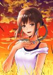  1girl :d bangs bare_arms brown_eyes brown_hair character_request clouds collarbone eyebrows_visible_through_hair floating_hair gradient_sky hair_intakes highres kaijin-m long_hair off_shoulder open_mouth orange_sky outdoors shiny shiny_hair shirt sky sleeveless sleeveless_shirt smile solo sunset wheat_field white_shirt 