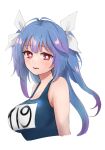  1girl blue_hair breasts eyebrows_visible_through_hair flower-shaped_pupils hair_between_eyes hair_ribbon highres i-19_(kancolle) kantai_collection large_breasts long_hair name_tag one-piece_swimsuit red_eyes ribbon saburou_03 school_swimsuit swimsuit symbol-shaped_pupils tri_tails upper_body white_background white_ribbon 