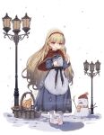  1girl apron ark_order bangs basket black_bow blonde_hair blue_dress bow capelet crying dress empty_eyes faux_figurine fire frilled_apron frills lamppost little_match_girl little_match_girl_(ark_order) long_hair matches official_art patch red_capelet snow snowman socks solo standing stuffed_animal stuffed_toy teddy_bear torn_clothes torn_legwear transparent_background very_long_hair white_apron white_legwear yellow_eyes you_ni_ge_shaobing 