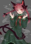  1girl animal_ears bell black_bow bow braid cat_ears cat_tail contrapposto dress emuru_(mushroom379) extra_ears feet_out_of_frame green_dress grey_background hair_bow hair_ribbon hands_up jingle_bell kaenbyou_rin light_blush long_hair looking_at_viewer multiple_tails neck_bell nekomata open_mouth petticoat red_eyes red_ribbon redhead ribbon slit_pupils smile smoke solo tail teeth touhou tress_ribbon twin_braids twintails two_tails upper_teeth 