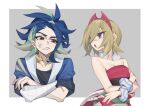  1boy 1girl adaman_(pokemon) anger_vein arm_wrap bangs blonde_hair blue_coat blue_eyes blue_hair bracelet brown_eyes coat collar collarbone commentary_request eyebrow_cut flute frown green_hair hairband highres instrument irida_(pokemon) jewelry looking_to_the_side multicolored_hair open_mouth pokemon pokemon_(game) pokemon_legends:_arceus red_hairband red_shirt sakana_(mimic0811) sash shirt short_hair short_sleeves strapless strapless_shirt tied_hair tongue waist_cape 