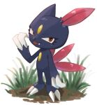  claws eyelashes fang fang_out full_body grass looking_at_viewer no_humans oniwa_nwai pokemon_(creature) red_eyes sneasel soil solo standing tongue tongue_out white_background 