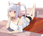  1girl absurdres animal_ear_fluff animal_ears bangs barefoot cat_ears cat_tail choker grey_hair hair_between_eyes highres looking_at_viewer lying medium_hair on_stomach original red_eyes ryou_(ponpgo) shorts solo tail 