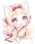  1girl :d amai_hiyo amai_hiyo_channel animal_ears bangs bib blonde_hair blunt_bangs blush bow box cat_ears cat_girl cat_tail child commentary eyebrows_visible_through_hair fang forehead hair_bow hair_ribbon heart heart-shaped_box highres holding indie_virtual_youtuber looking_at_viewer open_mouth red_bow red_eyes red_ribbon ribbon rukako short_twintails signature simple_background sitting skin_fang smile solo sparkling_eyes spread_legs symbol-shaped_pupils tail twintails virtual_youtuber white_background 