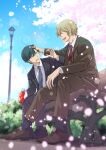  2boys :d absurdres bench black_footwear black_suit blonde_hair blue_necktie blue_sky blurry blurry_foreground bokeh bottle brown_footwear brown_suit day depth_of_field doko_dokosan green_hair highres holding holding_bottle lamppost laughing long_sleeves male_focus miyasumi_tatsuru multiple_boys necktie outdoors red_neckie ryman&#039;s_club shiratori_mikoto_(ryman&#039;s_club) short_hair sitting sky smile socks 