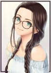  1girl bare_shoulders black-framed_eyewear braid brown_hair closed_mouth framed glasses green_eyes hair_over_shoulder highres kaijin-m long_hair looking_at_viewer low_twintails off-shoulder_shirt off_shoulder original shirt smile solo twin_braids twintails upper_body white_shirt 
