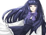  1girl aramosaurus bangs blunt_bangs bow bowtie cowboy_shot dress frederica_bernkastel frilled_dress frilled_skirt frills highres long_hair looking_at_viewer parted_lips purple_bow purple_dress purple_hair skirt solo umineko_no_naku_koro_ni violet_eyes white_background white_sleeves wide_sleeves 