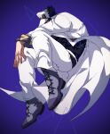  1boy black_hair black_shirt blue_background coat covered_face hat jojo_no_kimyou_na_bouken kujo_jotaro less_end long_coat male_focus shirt solo white_coat 