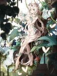 1girl blonde_hair breasts elf flower food_fantasy forest full_body grey_hair head_wreath highres long_hair looking_at_viewer nature official_art pale_skin plant pointy_ears ratatouille_(food_fantasy) second-party_source solo tree 