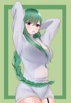  1girl arms_behind_head bangs black_bra black_shorts blush bra braid breasts eyebrows_behind_hair green_hair grey_sweater hair_tie_in_mouth large_breasts long_hair looking_ahead mouth_hold murasame_(murasame_8) ribbed_sweater shorts solo sweater tying_hair underwear very_long_hair violet_eyes virtual_youtuber vspo! yakumo_beni 