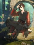  1boy androgynous brown_hair closed_eyes eight_treasure_rice_(food_fantasy) food_fantasy full_body highres japanese_clothes looking_at_viewer male_focus official_art pale_skin second-party_source solo 