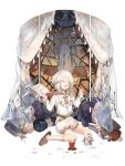  1boy androgynous candle closed_eyes food_fantasy highres jingzhongyin looking_at_viewer looking_back mousse_(food_fantasy) official_art otoko_no_ko pale_skin rabbit ribbon second-party_source silver_hair smile 