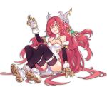  1girl :d ;d ark_order artist_request bangs bare_shoulders black_legwear boots breasts detached_sleeves dress full_body gauntlets gloves horns knees_up large_breasts long_hair looking_at_viewer official_art one_eye_closed open_mouth orange_eyes qilin_(ark_order) redhead side_slit sitting smile solo tachi-e thigh-highs transparent_background very_long_hair w white_dress white_footwear white_gloves 