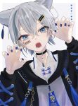  1boy animal_ears blue_nails commentary english_commentary highres long_sleeves looking_at_viewer male_focus open_mouth original short_hair silver_hair solo teeth tuksi_san 