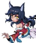  1girl ahri_(league_of_legends) animal_ears bangs bare_shoulders black_hair breasts facial_mark fox_ears fox_tail from_side league_of_legends long_hair long_sleeves looking_at_viewer parted_lips phantom_ix_row simple_background solo tail teeth upper_body vastaya white_background 