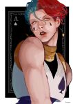  1boy blue_hair card_(medium) earrings facepaint hair_slicked_back highres hisoka_morow hunter_x_hunter jewelry lipstick makeup male_focus multicolored_hair redhead sleeveless solo wahoxz yellow_eyes 