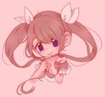  1girl blue_eyes breasts brown_hair chibi detached_sleeves hair_behind_ear hair_ribbon head_tilt highres indie_virtual_youtuber long_hair looking_at_viewer medium_breasts nina_saotome picky_(vtuber)_(artist) pink_background ribbon shirt short_sleeves sleeveless sleeveless_shirt smile solo twintails upper_body virtual_youtuber white_shirt 