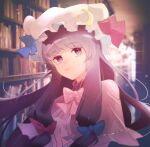  1girl bangs blue_bow blue_ribbon blunt_bangs blurry blurry_background book bookshelf bow bowtie capelet commentary crescent crescent_hat_ornament dress eyebrows_visible_through_hair hair_bow hat hat_ornament hat_ribbon highres korean_commentary library long_hair mob_cap patchouli_knowledge pink_bow pink_bowtie pink_capelet purple_hair red_bow red_ribbon repya9 ribbon sidelocks solo sparkle striped striped_dress touhou upper_body vertical-striped_dress vertical_stripes white_dress white_headwear 