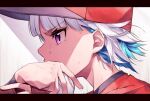  1girl ball bangs baseball baseball_cap baseball_mitt blue_hair eyebrows_visible_through_hair from_side hands_up hat holding holding_ball lize_helesta looking_away multicolored_hair nijisanji portrait profile red_headwear red_shirt shirt short_hair silver_hair solo sukuna136 sweat two-tone_hair violet_eyes virtual_youtuber 