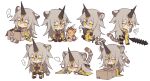  animal_ears box chibi club_(weapon) grey_hair highres holding holding_weapon horns kanabou kureha_yuna long_hair magia_record:_mahou_shoujo_madoka_magica_gaiden mahou_shoujo_madoka_magica multiple_views single_horn tail tiger_ears tiger_girl tiger_tail weapon wuubaiwan yellow_eyes 