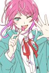  1boy amemura_ramuda blue_eyes candy food highres hypnosis_mic jacket lollipop looking_at_viewer male_focus namori pink_hair simple_background solo white_background 