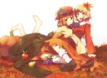  aki_shizuha apple autumn barefoot blonde_hair feet food fruit grapes hat leaf pear pumpkin raemz red_eyes short_hair siblings sisters touhou weee_(raemz) yellow_eyes 