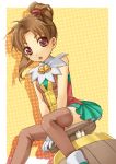  barrel bell brown_eyes brown_hair brown_legwear female gadget_(suikoden) gensou_suikoden gensou_suikoden_ii gloves long_hair meg_(suikoden) miniskirt multicolored_eyes open_mouth ponytail purple_eyes sensaki_chihiro shoes sitting skirt suikoden suikoden_i suikoden_ii thigh-highs thighhighs white_gloves yellow_background 