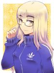  blonde_hair clothes_writing em eyebrows flat_chest glasses perrine_h_clostermann strike_witches track_jacket turtleneck yellow_eyes zipper 