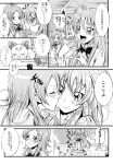  blush cake cheek_kiss closed_eyes comic eating eyes_closed fairy_tone food food_on_face fruit highres houjou_hibiki hummy_(suite_precure) kiss mahkn minamino_kanade monochrome multiple_girls precure strawberry suite_precure translation_request yuri 