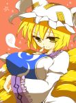  blue_plan breast_hold breasts fox_tail hat heart large_breasts multiple_tails short_hair simple_background smile solo tail touhou yakumo_ran yellow_eyes 