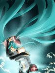  aqua_eyes aqua_hair belt bridal_gauntlets daigoman elbow_gloves fingerless_gloves gloves hatsune_miku hatsune_miku_(append) long_hair miku_append navel necktie solo twintails very_long_hair vocaloid vocaloid_append 