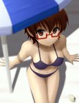  beach bikini breasts brown_eyes brown_hair cleavage from_above glasses highres k-on! large_breasts manabe_nodoka navel parasol red-framed_glasses seashell semi-rimless_glasses shadow shell short_hair siraha solo swimsuit umbrella under-rim_glasses 