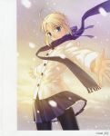  ahoge blonde_hair fate/stay_night fate_(series) highres pantyhose ribbon saber scan scarf skirt snow takeuchi_takashi 