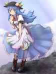  boots food frills fruit hat hinanawi_tenshi kou_(haijindeath) long_hair long_skirt peach red_eyes see-through skirt solo touhou wind 